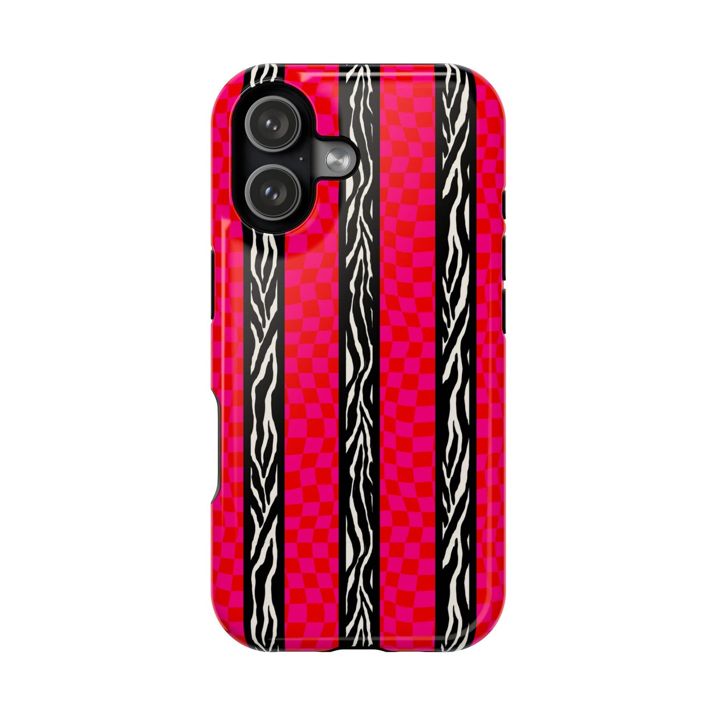 HOT PINK ZEBRA CHECKERED MAGSAFE IMPACT-RESISTANT PHONE CASE