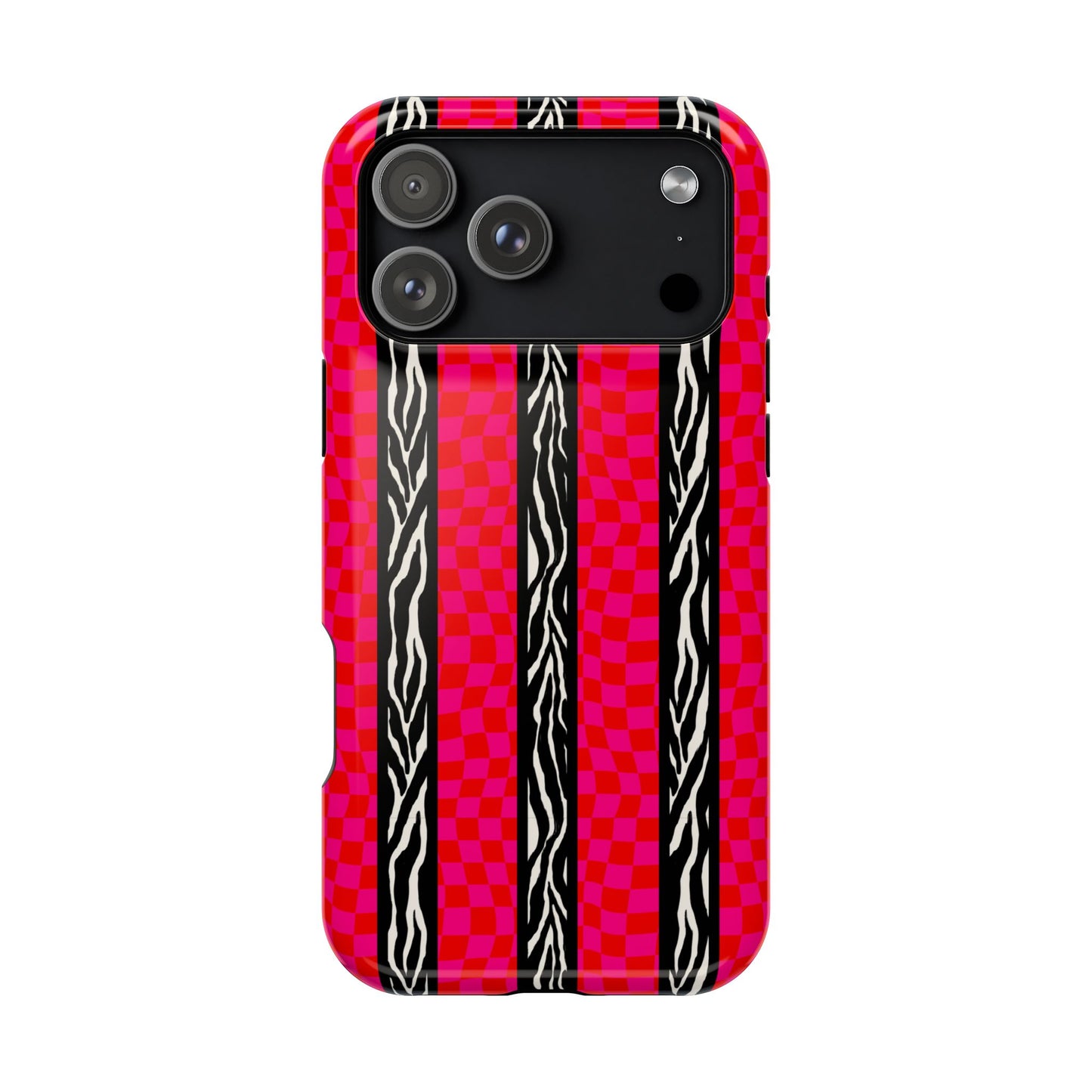 HOT PINK ZEBRA CHECKERED MAGSAFE IMPACT-RESISTANT PHONE CASE