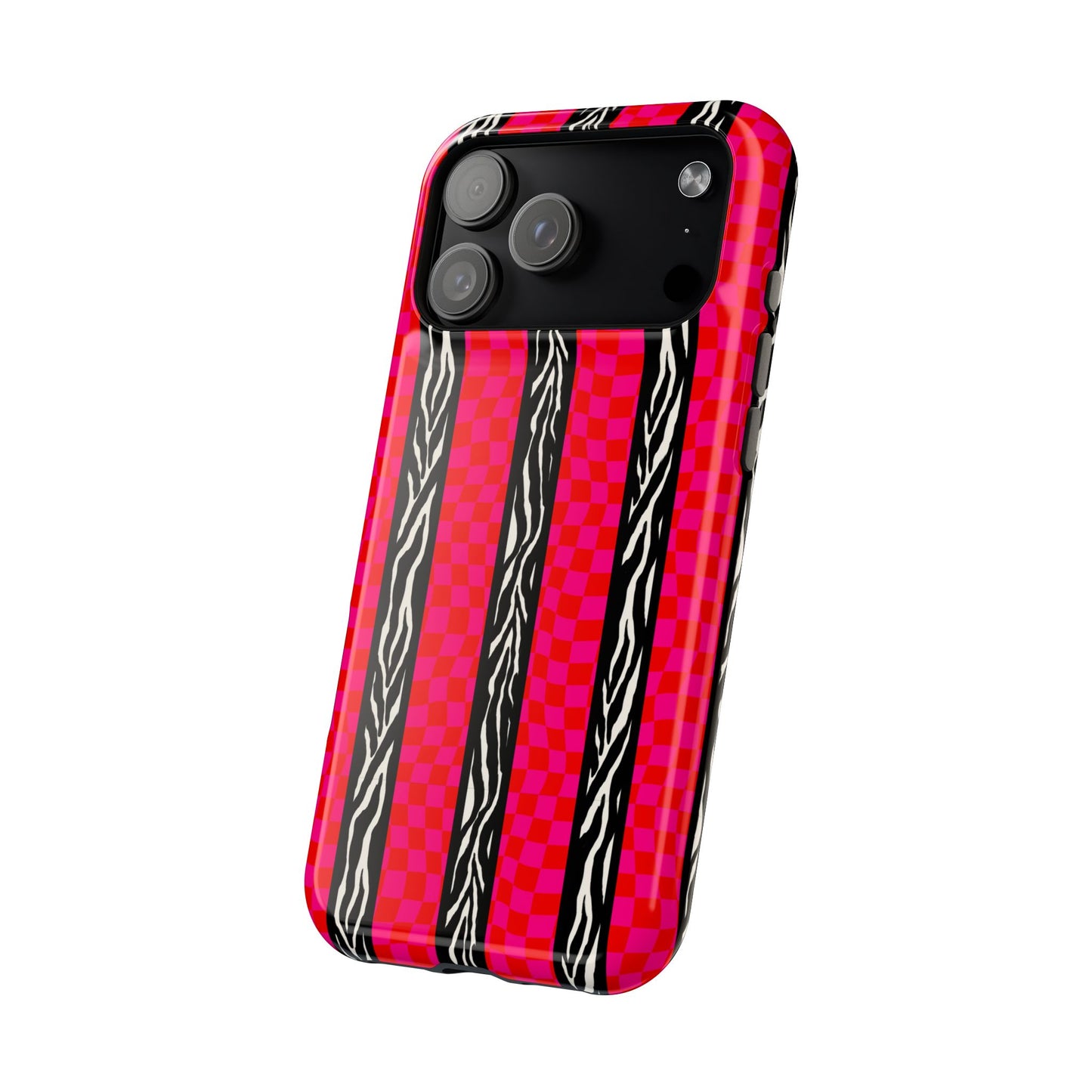 HOT PINK ZEBRA CHECKERED MAGSAFE IMPACT-RESISTANT PHONE CASE