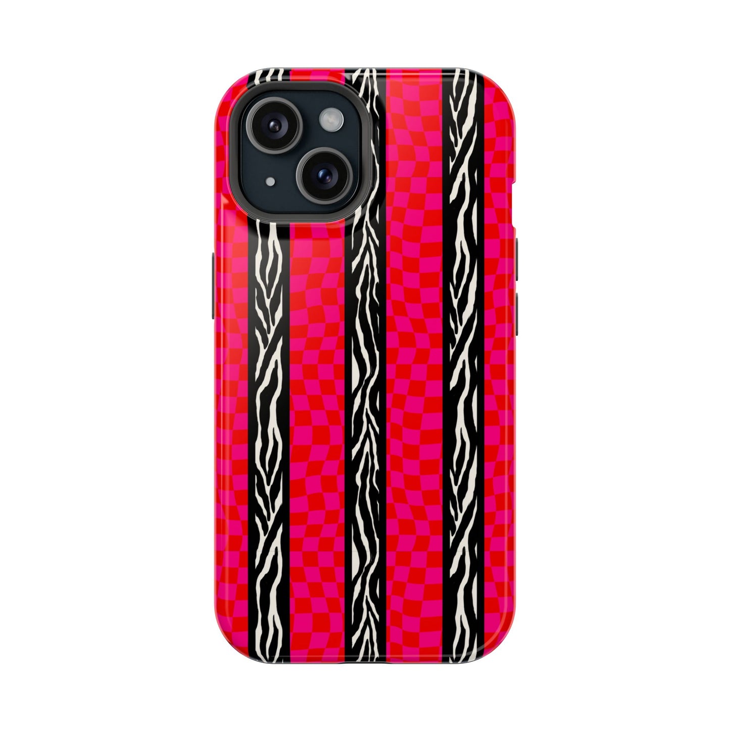 HOT PINK ZEBRA CHECKERED MAGSAFE IMPACT-RESISTANT PHONE CASE