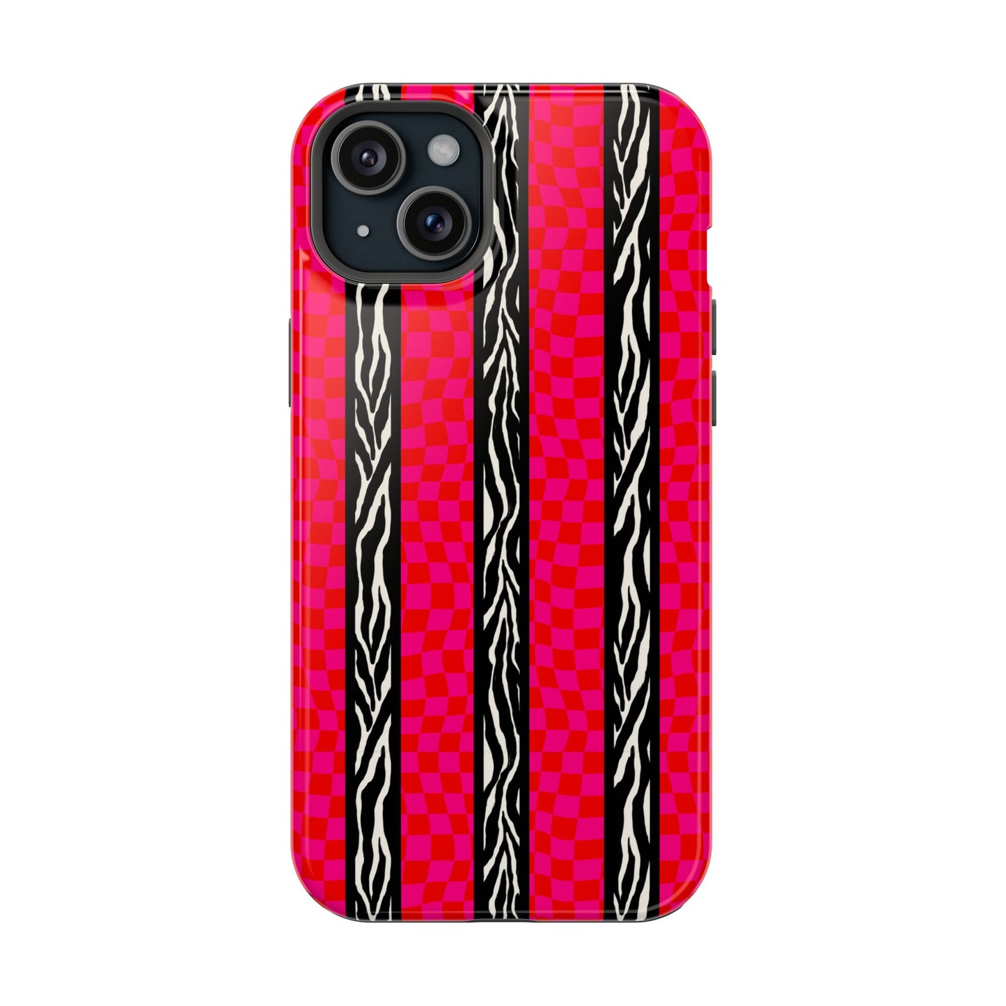 HOT PINK ZEBRA CHECKERED MAGSAFE IMPACT-RESISTANT PHONE CASE